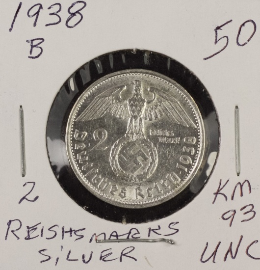 1938 B - German 2 Reishs Marks Km# 93 - Silver - UNC