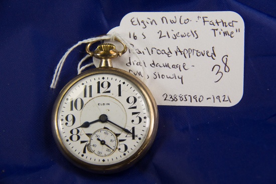 ELGIN - "FATHER TIME" 16 SIZE 21 JEWEL RAILROAD APPROVED - SLIGHT DIAL