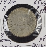 1924-A WEINAR REPUBLIC (GERMANY) 3 MARK - KM #43-XF SILVER SCARCE