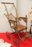 Antique Doll Stroller Wooden and Wicker, LOCAL