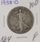 1938-D LIBERTY WALKING HALF DOLLAR - F - KEY DATE