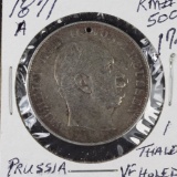 1871-A GERMAN STATE PRUSSIA 1 THALER - VF HOLED KM #500