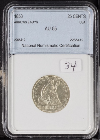 1853 WITH ARROWS & RAYS LIBERTY SEATED QUARTER - AU