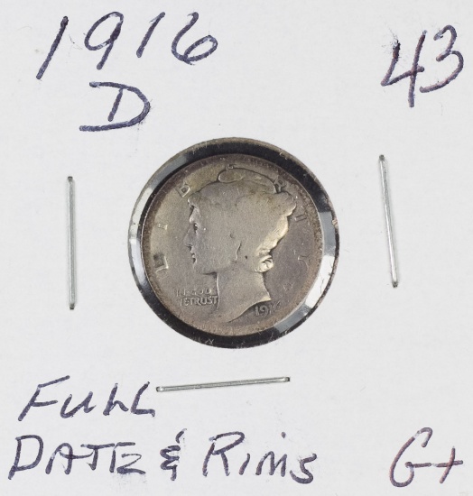 1916-D MERCURY DIME - G+ - FULL DATE/RIMS - KEY