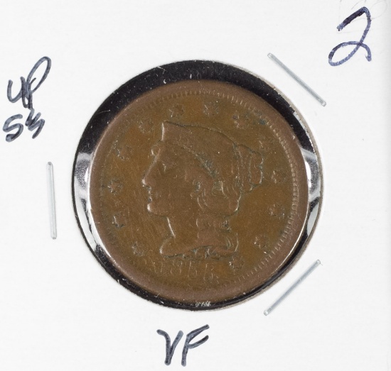 1855 - BRAIDED HAIR LARGE CENT - UPRIGHT "5'S" - VF