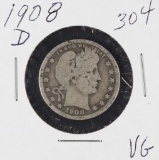 1908-D BARBER QUARTER - VG