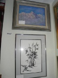 Jagged peaks- oil on hardboard, bamboo shoots - watercolor 2 piece lot