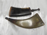 Two early horn and wood powder flasks