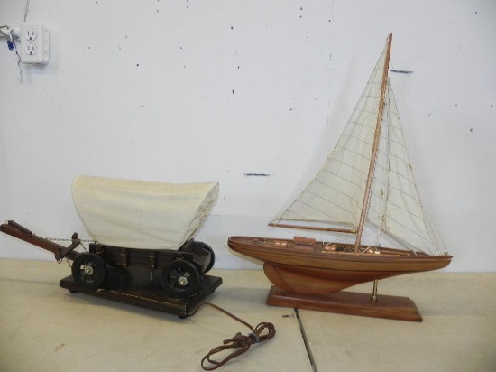 Hand made wooden ship and wagon