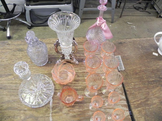 Blown glass pink vase & glassware