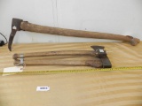 Pair of early felling axes (late 1700's or 1800's) & European log handlers pick axe
