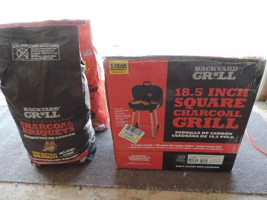 New in box backyard grill 18.5" square charcoal grill with 2 bags of charcoal.