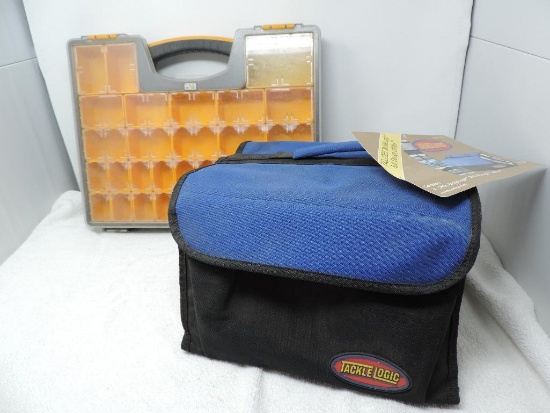 Tackle logic tackle bag with 4 plastic inserts and a zag plastic organizer in used condition.