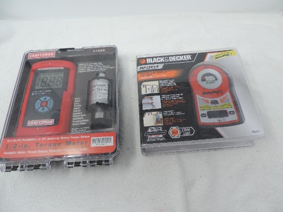 Craftsman 1/2" torque meter and B & D bullseye auto-leveling laser label with original packaging.