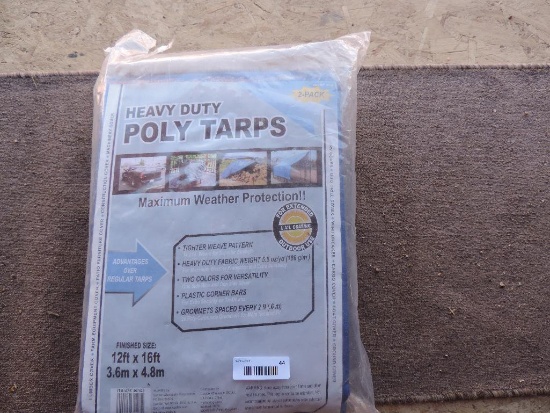 2 heavy duty 12x16' poly tarps (new).