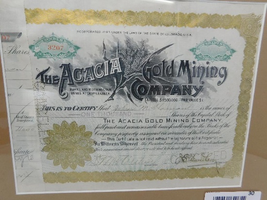 Cripple Creek Colorado Acacia Mines stock certificate