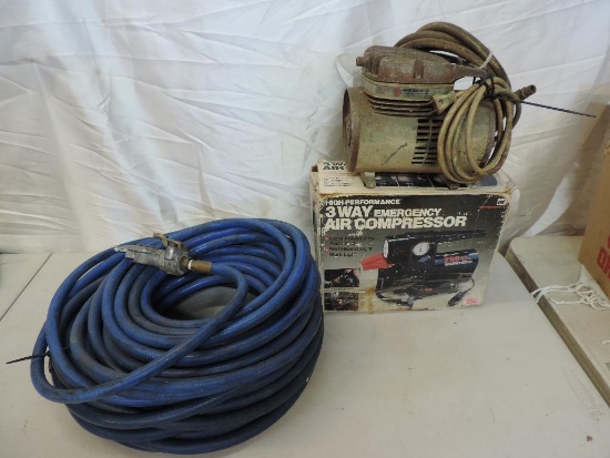 50' air hose with chuck, 3 way emergency air compressor and a Thomas 600-8 diaphragm sprayer.