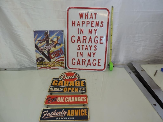 P-51 Mustang new metal sign and 2 Dad's garage metal signs.