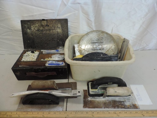 Tile Tools lot. Adhesive, Trowels, spacers, spacers diamond blade and solid wood box.