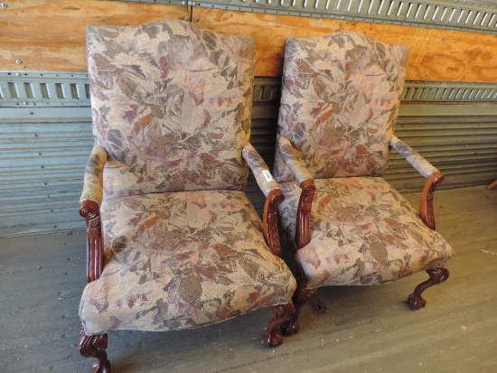 Pair of United global carved wood upholstered chairs in good condition.