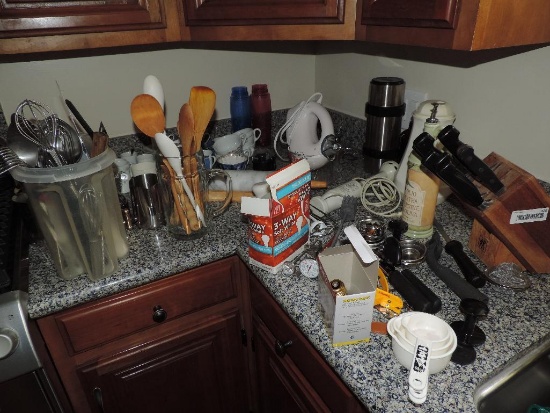 Large lot of Kitchenware, Incomplete henkles knife set, mixers, utensils, marble roller and more.