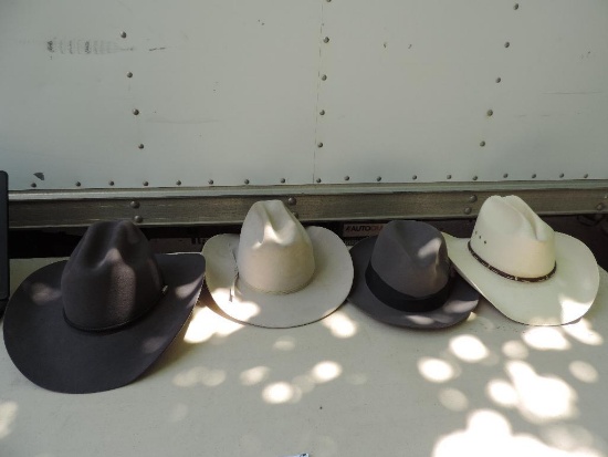 4 cowboy hats size 7 1/4, 3 stetson and grey Beaver brand 5X.