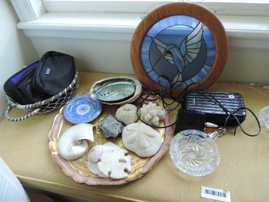 Sea shells, bird stained glass window and more lot.