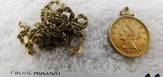 1907 Gold Quarter Eagle coin pendant