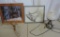 Holly merrifield framed Elk pencil drawing, deer picture, antler and a tea pot lamp.