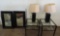 2 black metal glass top end tables, 2 leatherette lamps and 2 32x20
