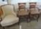 2 wicker back bar stools and upholstered chair.