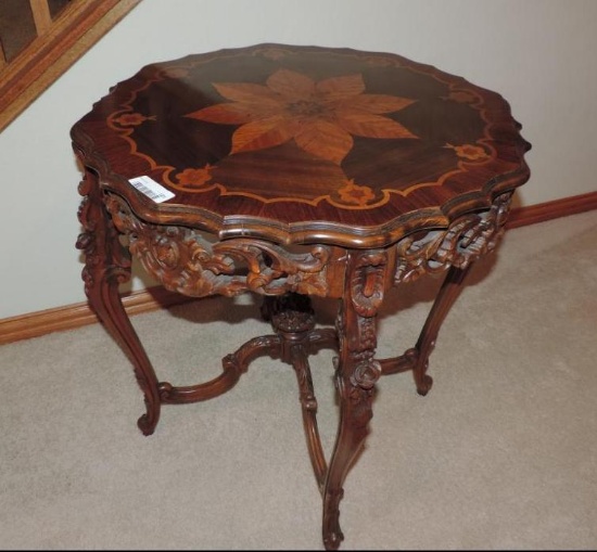 Beautifully inlaid antique table, 27x27x30" and in excellent condition.