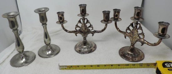 Rogers Marquise IS marked candlesticks and Burley's pewter candlesticks.
