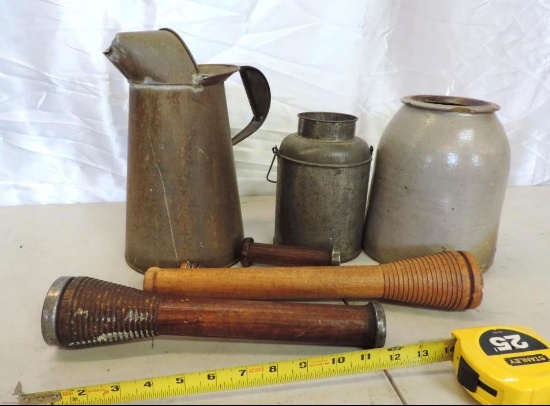 Collectables lot. 1 gallon pitcher, wooden candlesticks, crock with chips and more.