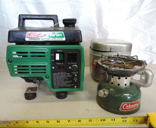 Coleman powermatePM500 generator and a 1974 Coleman 502 camp stove with case.