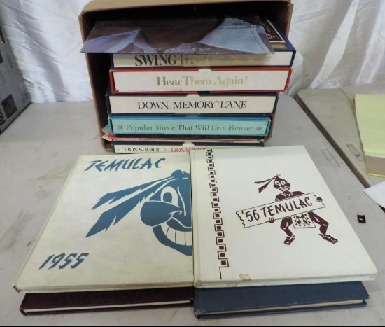 Box of records and 1950's Temulac year books.