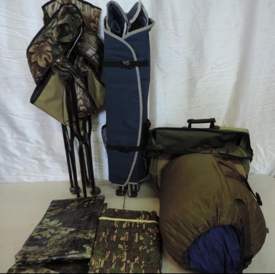 Northface Manatee size large RH zip sleeping bag, Storehouse bag, 2 Camp chairs and camo tarps.