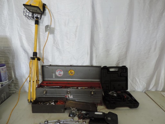 Worklight, Craftsman 1/2" drill with case, GE 942D meter with case and misc tools lot.