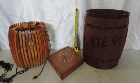 14x12" wooden light fixture, 14x19" wooden tater bin and diamond shaped wood clock.