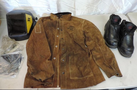 Welding gear lot. Black Stallion size Large cowhide welding jacket, size 10 iron age welding boots