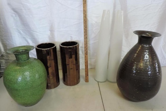 2 brown Nate Berkus vases and 4 pier 1 imports vases.