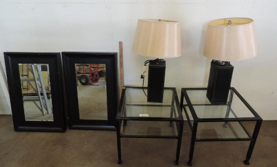 2 black metal glass top end tables, 2 leatherette lamps and 2 32x20" black framed mirrors.