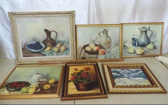 6 framed oil paintings on hard board.