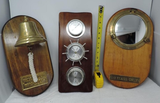 Ship d?cor lot. 8" brass port hole mounted on wood, Brass bell and Springfield ships wheel