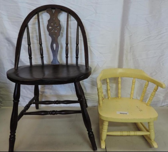 Antique spindle back chair and childs rocker.