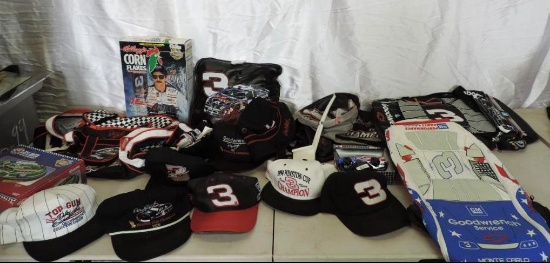 Enormous lot of Earnhardt gear, 3 back packs, 8 vintage caps, flag and more.