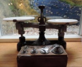 Antique Genco cast iron & white marble scale with weights. 14x6x9