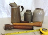 Collectables lot. 1 gallon pitcher, wooden candlesticks, crock with chips and more.