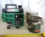 Coleman powermatePM500 generator and a 1974 Coleman 502 camp stove with case.