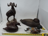 3 ironwood carvings and hand made wooden duck.